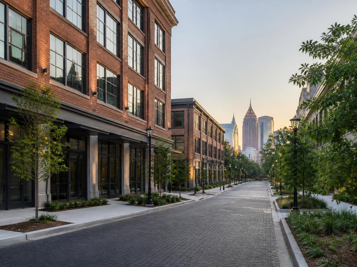 Brick and stone buildings along a quiet Atlanta street